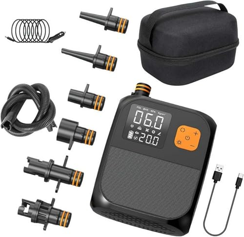 Pompa elettrica ricaricabile: compressore d'aria portatile con torcia a LED. Ideale per gonfiare rapidamente tavole da paddle, kayak e tende. Un accessorio indispensabile per gli appassionati di SUP e