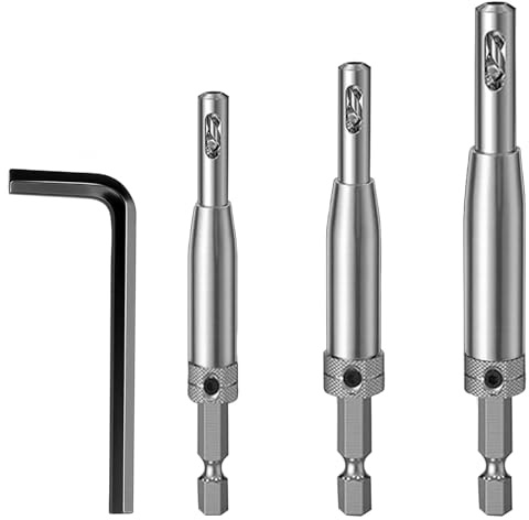 3pcs Self Centering Drill Bit Set, 1/4 Inch Hinge Drill Bit Self Centring, High Speed Steel Centering Hinge Drills Bits Sets for Door Cabinet Woodworking 5/64, 7/64, 9/64(with a Spanner)