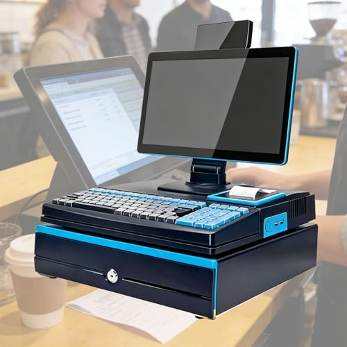 Professionelle registrierkasses, Registrierkasse mit Kassensystem, intelligente Registrierkasse for kleine Unternehmen, Kassenschublade, 58-mm-Drucker, Barcode-Scanner.(Blue,B)