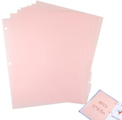 8Pcs A4 Pink Plastic Binder Dividers with 8 Tabs,3-Ring Insertable Write-On Dividers for School, Office, Homework, Notebooks & Folder Organisation
