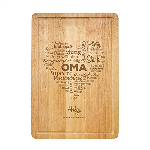 Casa Vivente Schneidebrett mit Gravur, Wortherz für Oma, Personalisiert mit Namen, Holzbrett mit Saftrille, Küchenutensilien, Geburtstagsgeschenk