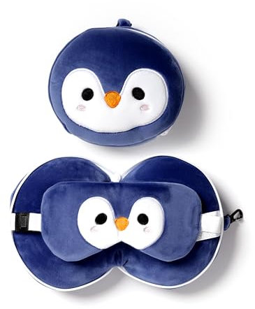 Puckator Relaxeazzz Penguin Round Plush Travel Pillow & Eye Mask - Sleep Eye Mask Masks - Kids Travel Accessories For Sleeping Airplane - Flight Plane Neck Pillow Pillows