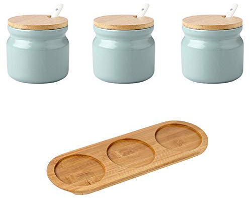 OnePine Juego de 3 Azucarero de cerámica, 300ml contenedores para Especias azúcar Pot con Tapa de bambú y Cuchara, perfecto para el hogar y la cocina