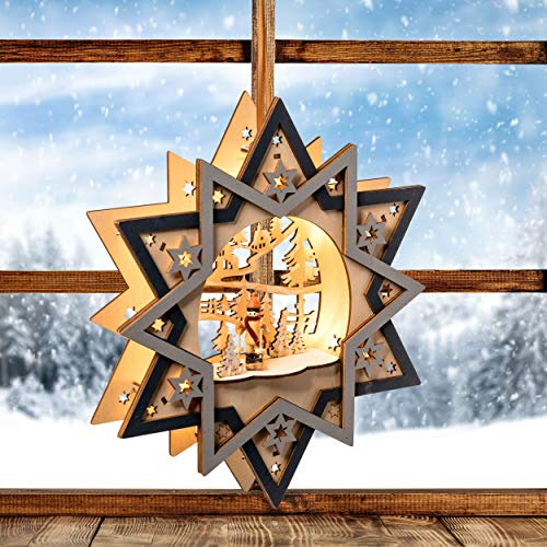Wichtelstube-Kollektion LED Fensterbilder Weihnachten Holz beleuchtet Skifahrer inkl. Timer Schwibbogen Weihnachten