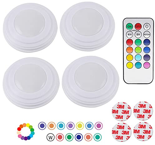 LED Wireless Under Cabinet Lights,Battery Powered Under Cupboards Kitchen Lights with Remote and Timer,Stick on Cupboard Light Battery Operated Push Light,13 Colors Changing Puck Light(4 Pack)