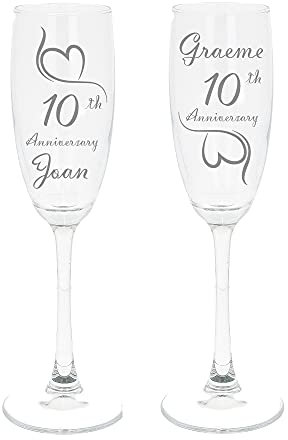 Personalised Engraved 10th Wedding Anniversary Set of 2 Champagne Flute Glasses Tin Wedding Engraved Glasses Chocolate Hearts Engraved Champagne Flute (Filled with Chocolate Hearts)