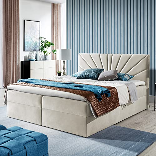 FURNISTAR Boxspringbett Doppelbett TEO - Bett mit Bonellmatratze, mit Bettkasten für Bettwäsche und Topper. Gepolsterte Kopfstütze in 3 verschiedenen Varianten (Beige, 180x200 TEO 2).