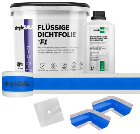 simpleBAU Dichtmasse Wasserdicht 10 kg & Tiefengrund 1L - Abdichtmasse für Bad, Dusche, Fliesen & Fußbodenheizung - Einkomponente und Lösemittelfrei mit 10m Dichtband, 2 Innenecken, 1 Wandmanschetten