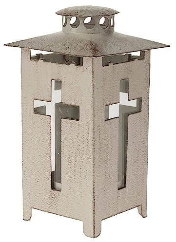 matches21 Grablaterne Friedhof mit einem Kreuz - Grabschmuck wetterfest aus Metall - schönes Grablicht im Used Look grau 13x25 cm