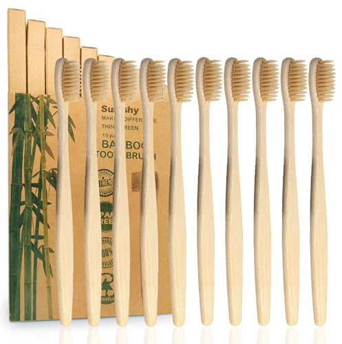 10 Pack Beige Bamboo Toothbrushes | Biodegradable & Compostable Eco-Friendly Natural Bamboo Charcoal Toothbrushes | BPA Free Soft Bristles Wooden Toothbrush - 100% Recycled Packaging