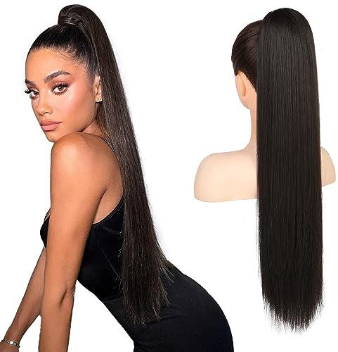 Flufymooz Ponytail Extension Pferdeschwanzverlängerung, 66 cm langer gerader Pferdeschwanz mit Kordelzug, Lockiger Pferdeschwanz Synthetisches Haarteil für Damen(Schwarz Braun)