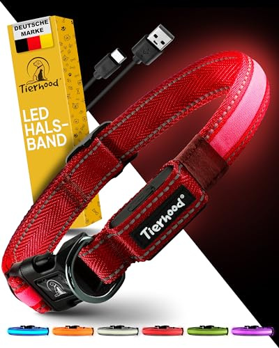 Tierhood Leuchthalsband Hund - LED Hundehalsband Aufladbar - Rot, Größe M | LED Hundehalsband Aufladbar - Langlebig, Wetterfest & Komfortabel - Ideal für Nachtspaziergänge - Schwarz, Größe L