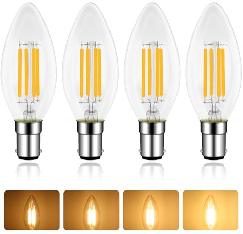 Caldarax B15 LED Candle Bulb Dimmable, 4W Equivalent 40W Incandescent, Warm White 2700K, 400LM, AC 220-240V, B15d SBC LED Filament Candle Bulb, Small Bayonet Cap, for Chandeliers, Ceiling, 4 Pack