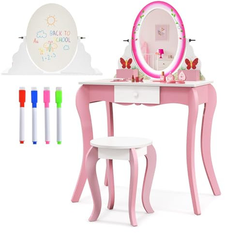 COSTWAY Toeletta Trucco 2 in 1 per Bambina, Specchiera Staccabile per Ragazza in Legno con Sgabello, Cassetto e Specchio Girevole a 360° per Disegnare, Postazione Trucco, Bianco e Rosa
