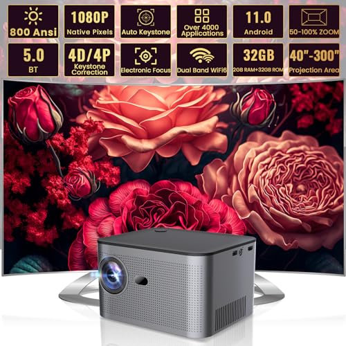 Beamer,1080P Full HD 4K Beamer,800 ANSI Video Beamer,18000 Lumens Bluetooth 5.0 WiFi 6 Beamer Unterstützung Android OS 11.0,Kompatibel mit TV,PC,USB,TV Stick,Laptop,Fire Stick
