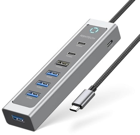 RSHTECH USB-C Hub 10Gbps, 7-Port USB 3.2 3.0 Splitter with 3x 10Gbps Data Ports (2C+1A), 4x USB 3.0 Port and 2ft Extended Cable, Aluminum USBC Multiport Adapter (RSH-T17C)