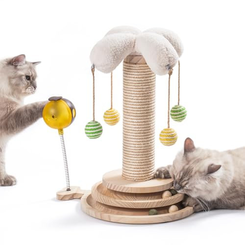 MEWOOFUN 4-in-1 Katzenspielzeug Kitten Spielzeug, Sisalseil für Katzen mit 4 hängendem Ball – Interaktives Katzenspielzeug Holz Track Katen Ball mit Feder (Stil 1)