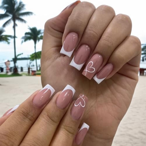 24-Piece Set of Long Square French False Nails with Glossy Full Coverage - Press On Style for Women and Girls - French Heart Design