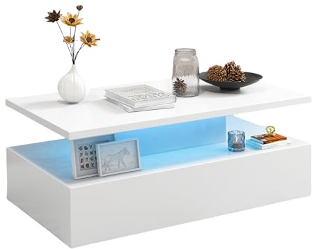 LIFEZEAL Couchtisch mit LED, Moderner Kaffeetisch mit 20 verschiedenen Leuchten, Wohnzimmertisch mit Fernbedienung, Sofatisch für Wohnzimmer & Büro, 110 x 60 x 40 cm (Weiß) | Wohnzimmertisch, rechteckig, modern, 20 Farben, 8 Helligkeiten, 8 Geschwindigkeiten, 110 x 60 x 40 cm (weiß)
