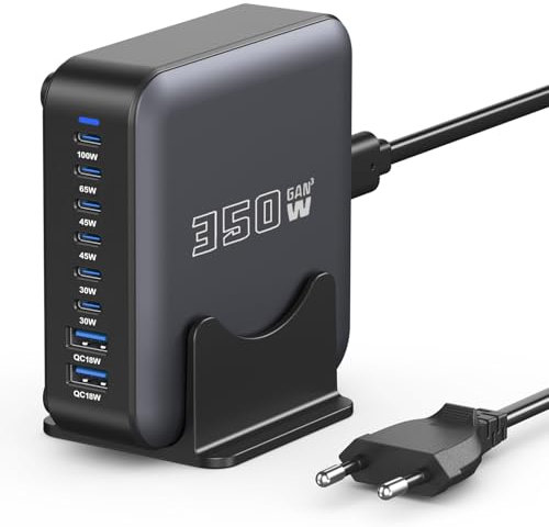 350W Caricatore USB C Multiplo, Stazione di Ricarica USB-C a 8 porte GaN, Caricatore Rapido 100W, Hub di Alimentazione, compatibile con iPhone/Samsung/Google/Laptop/MacBook Pro/MacBook Air.