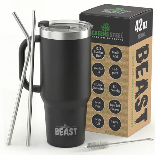 Beast Tumbler with Handle - 1300 ml (42 oz), Matte Black | Reusable Stainless Steel, Vacuum Insulated Cup | with + 2 Straws & Cleaning Brush | Double Wall Travel Flask Perfect for Hot or Iced Coffee