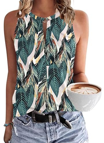 WNEEDU Damen Tank Top Sommer Ärmellose Oberteile Tops V-Ausschnitt Sexy Tanktops Lässiges Strand Shirts Blusentop Blatt Druck L