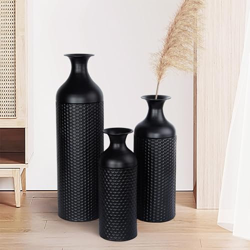 Große Schwarze Vasen, 69/51/42cm Bodenvase, 3 Stück modernen Waben Textur Metall Blumenvase für Wohnzimmer Hausecke Flur Dekor (mit glatter Oberfläche)