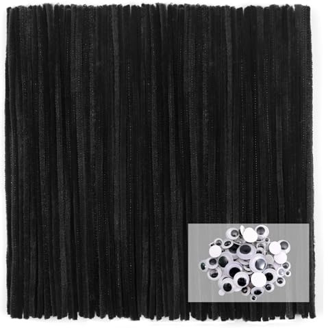 TOAOB 100 Stück Pfeifenputzer zum Basteln Schwarz Chenilledraht | Pfeifenreiniger 8 mm x 30 cm, Pipe Cleaner Basteln Set, mit Wackelaugen Selbstklebende, für DIY Handwerksprojekte