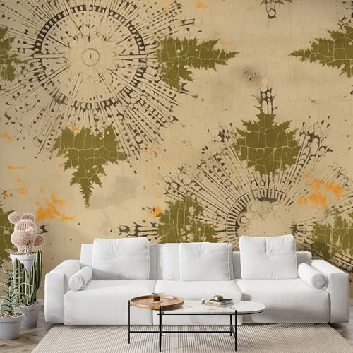Boceoey Papier Peint Panoramique Feuilles Rétro - Papier Peint Intissé Autocollant - Feuilles Vertes Géométrie Décoration Murale - Adhésif Mural pour Salon Chambre, 300x210 cm - N-278