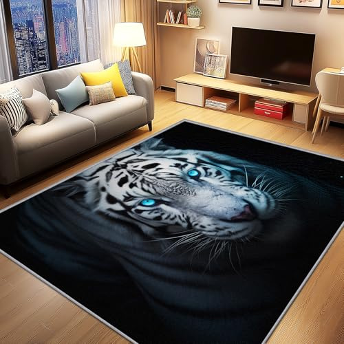 AevuCub Tiger Deko, Weißer Tiger Teppich 100x150 Kurzflor, Teppich Wohnzimmer Wilde Tiere Tiermotiv, Weich rutschfest Waschbare Teppiche, Bettvorleger Schlafzimmer Kinderzimmer