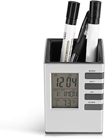 HERCHR Portamatite elettronico con lcd Visualizza, multifunzionale Portapenne con Orologio e Calendario Elettronico, Termometro Digitale da Interno e Monitor di Umidità