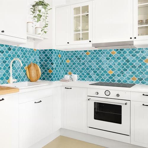 micasia Crédence de cuisine adhésive imperméable avec motif sans joint revêtement mural avec motif film rigide mat turquoise fond de hotte imitation carrelage abstrait 1986 (400x70cm)