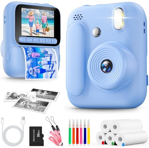 Sofortbildkamera für Kinder, 1080P Kinderkamera mit 5 Rollen Druckpapier, 32GB-Karte und Farbstiften, Tragbare Digitalkamera für Jungen und Mädchen, Geschenke für Kinder im Alter von 3–14 Jahren(Blau)