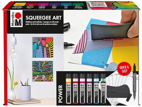 Marabu Acryl Color Squeegee Art Set Power, Rakelkunst mit Acrylfarben, Malset mit 6 x 25 ml Acryl Color, Rakel, 10 x Acrylpapier und Permanent Marker, 1201000000200