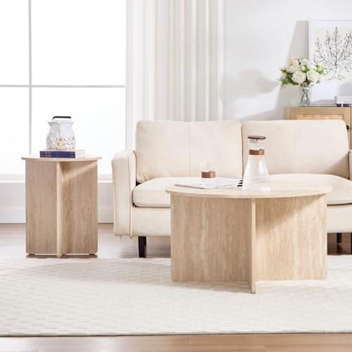 chairus 2er-Set Couchtisch Rund, Retro-Optik, Massivholz, Beige | Moderner Beistelltisch im 2er-Set mit runder Holzplatte, Satztisch oder Kaffeeisch für Wohnzimmer/Schlafzimmer/Flur