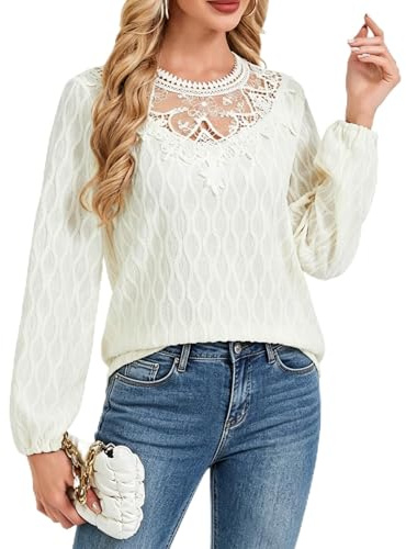 Heersan Camicia Donna Elegante Maglia Manica Lunga Scollo Rotondo in Pizzo Top Donna Blusa Casual T Shirt Maglietta per Autunno Inverno Primavera