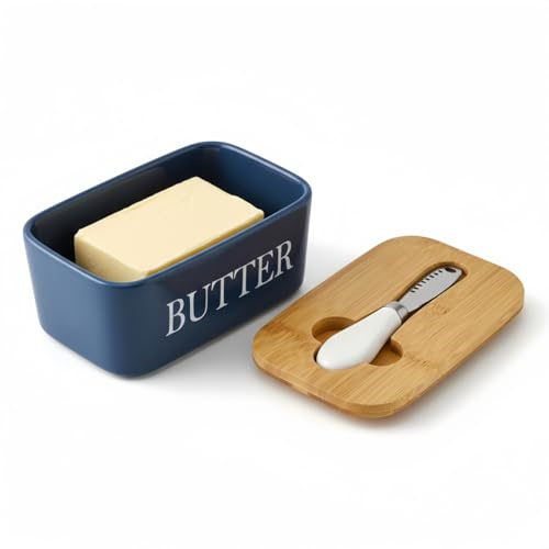 XIKEMADI Porcelain Butter Keeper with Multi-Function Butter Spreader, 600ml Bamboo Lid Storage Container for Refrigeration, Cheese & Butter Dish with Integrated Knife Organizer (Blue)
