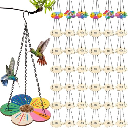 DoubleFill 36 Pack Bird Feeder Craft Kits with Chains for Kids Ages 3-8 Make Your Own Wooden Flower Bird Feeders with Aluminum Bowls DIY to Paint Craft for Garden Outdoor Activities (Flower,Round)