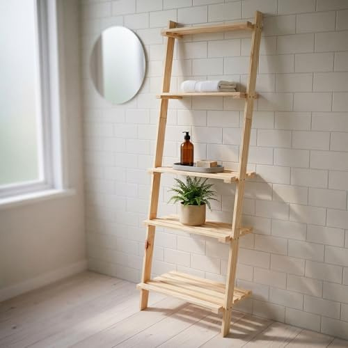 Core Products Paintable Pine 5-Tier Ladder Shelf Unit - Versatile Wooden Storage for Hallway, Bedroom, or Living Room