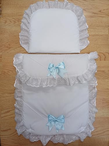 Pram Quilt and Pillow Set with Blue Bows, White with Plain Frill