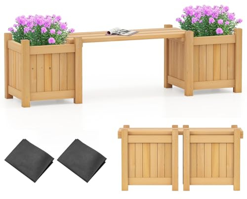 COSTWAY 3-in-1 Wooden Planter, Raised Garden Bed, Teak Oil Finish Outdoor Flower Box for Patio Backyard Balcony (Natural, 105 x 26 x 30cm)