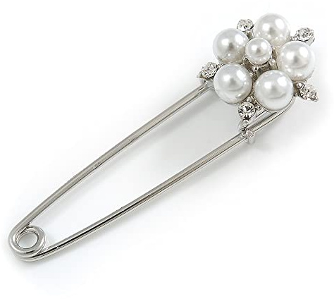 Avalaya Silverpläterad säkerhetsnål med fuskpärla, kristallblomma – 50 mm