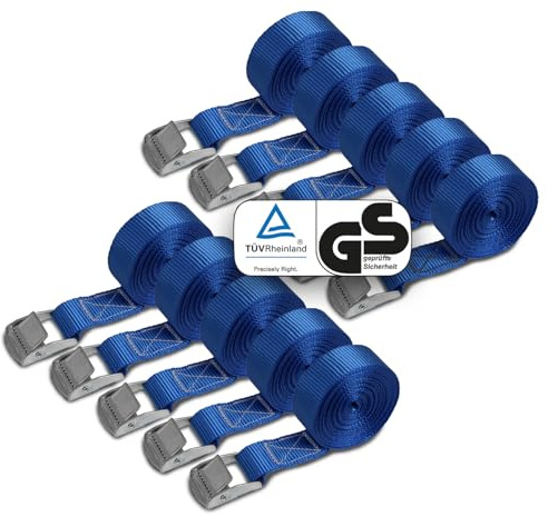BB Sport Spanngurte Zurrgurt Klemmschloss Blau 250 kg 10er Pack 2,5cm x 4m | Ladungssicherung, TÜV geprüft, Befestigungsgurt, Spanngurt, Schnellspanngurt, ohne Ratsche, DIN EN 12195-2, Polyester