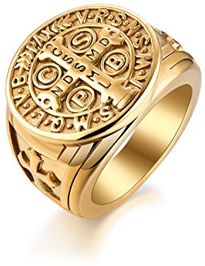 LAOYOU St. Benedict Ring, 316L Surgical Stainless Steel, Signet, Christmas Gift for Men, Size 11, Gold Color, Religion Theme