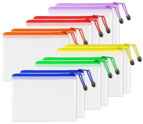 SUNEE Dokumententasche A5, 12 Stück Wasserdichte Mesh Dokumententaschen mit Reißverschluss in 6 Farben, Kunststoff Datei Taschen für Bürobedarf, Schule, Haushalt & Reisen