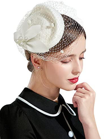Z&X Britischer Vintage-Wollfilz, Pillbox-Hut für Damen, Kirche, Derby, Winter, Fascinator, Hut, Schleier, Blumen, Fedoras, 012b Weiß, Einheitsgröße