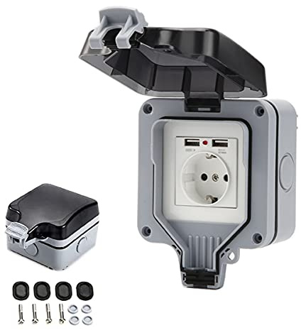 Umisu Wasserdichte Steckdose IP66 mit USB-Anschluss, Steckdose für den Außenbereich, mit Deckel, für Garten, Garage, Pool