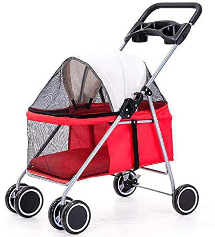 LJFLI Hundebuggy Hundewagen Kleine Hunde Klappbar bis 30 kg GeträNkehalter Tasche Anti-Flucht-Sicherheitsschnalle Kleines Leichtes Auto mit Hund Katze Maus Und Hase,Red