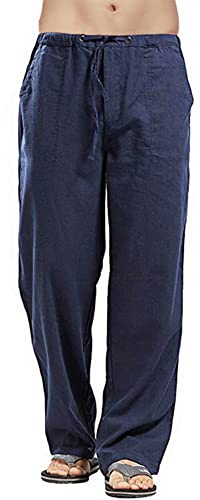 Pantalon de yoga décontracté en lin de couleurs unies pour homme, coupe décontractée, jambes droites, bleu marine, XXL