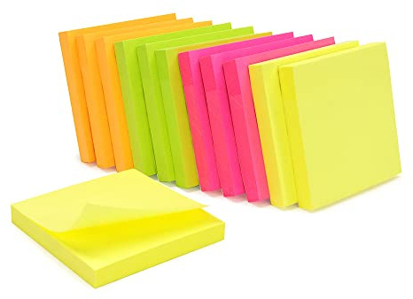 WAYTEX 1.200 selbstklebende Notizbücher, wiederverwendbar, verschiedene Neonfarben, 12 Blöcke à 100 Blatt, 75 x 75 mm, Gelb Orange/Rosa/Grün